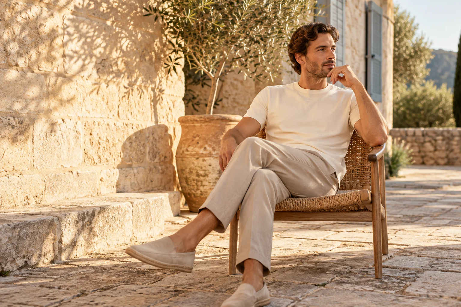 A man in a cream crew-neck T-shirt relaxing in a sunlit French courtyard